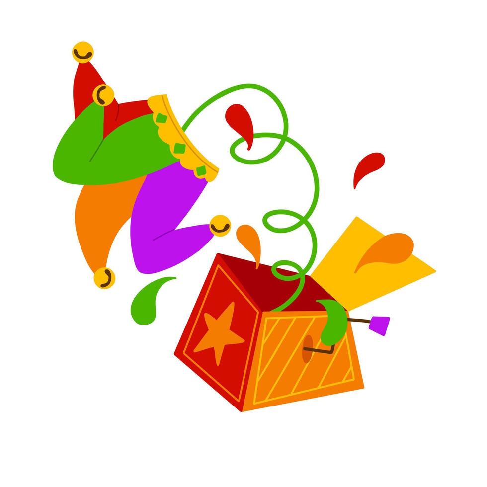 Jack in the Box with confetti, jester hat. Illustration of a jester popping from a box. April Fool's Day design for humor and tricks. Ideal for stickers, greeting cards, party decorations vector