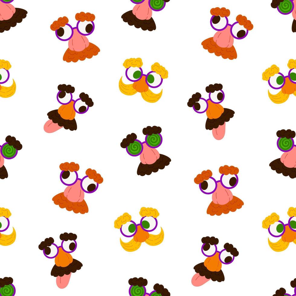 Fake nose glasses seamless pattern. Bright background for April Fool's Day. Traditional disguise glasses backdrop for Joke Day isolated on white for wrapping, textile, print, web vector