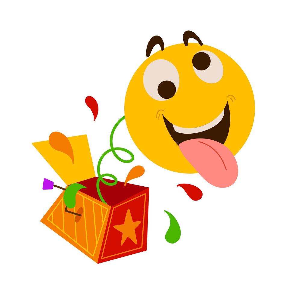 April Fool's Day illustration of a jester in a jack-in-the-box. Humor design with funny emoji for pranks and jokes. Ideal for stickers, greeting cards, party decorations vector
