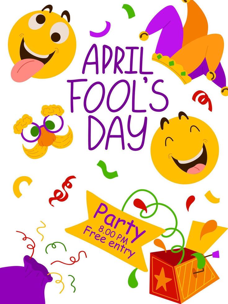 April Fool's Day vertical poster template. Illustration with hand writing lettering, jack in the box, emoji, eyeglasses with fake nose. Party invitation. Flyer, poster, brochure, card, banner vector