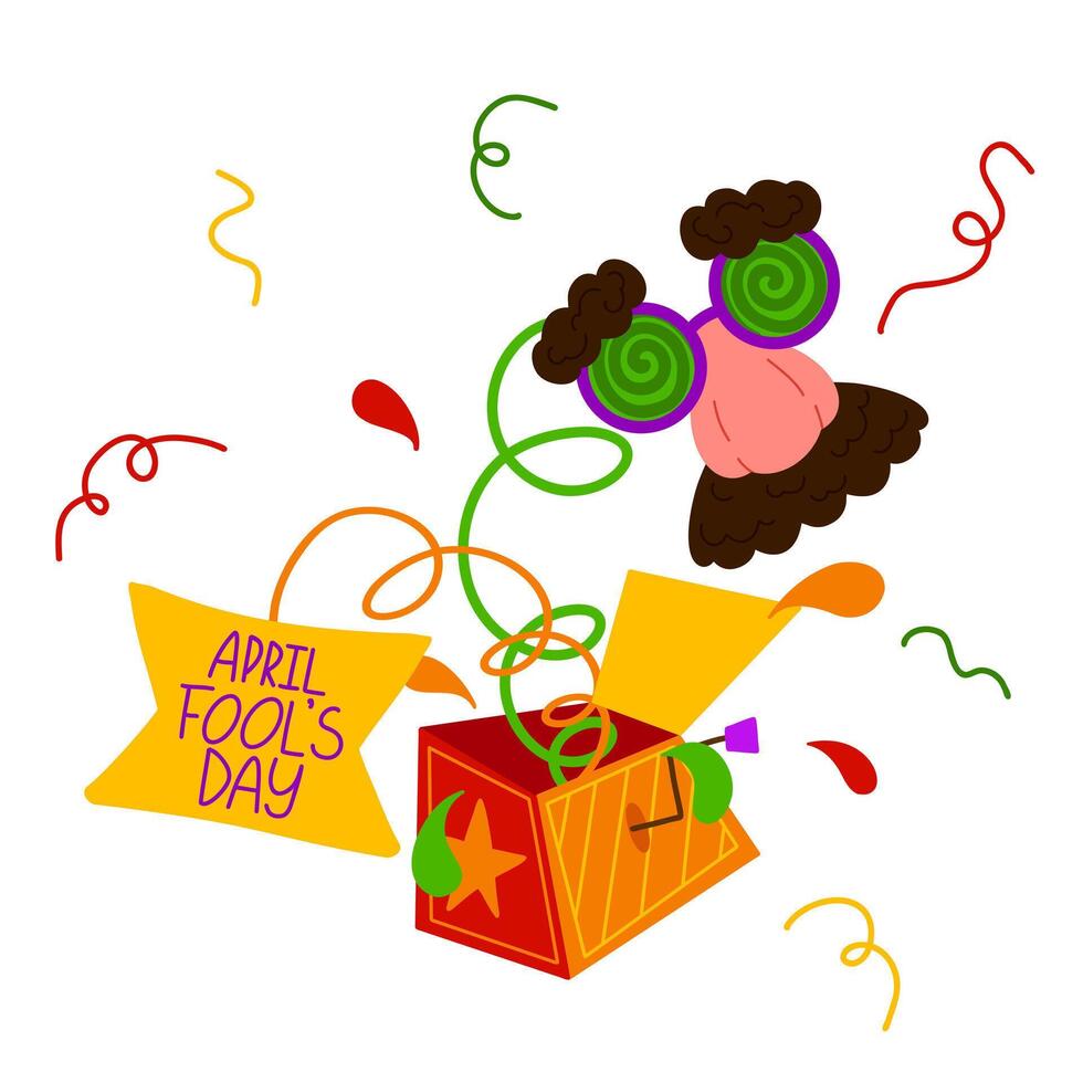 April Fool's Day poster. Illustration with lettering and hand drawn jack in the box springing out of a box. Party invitation. Flyer, poster, brochure, card, banner vector