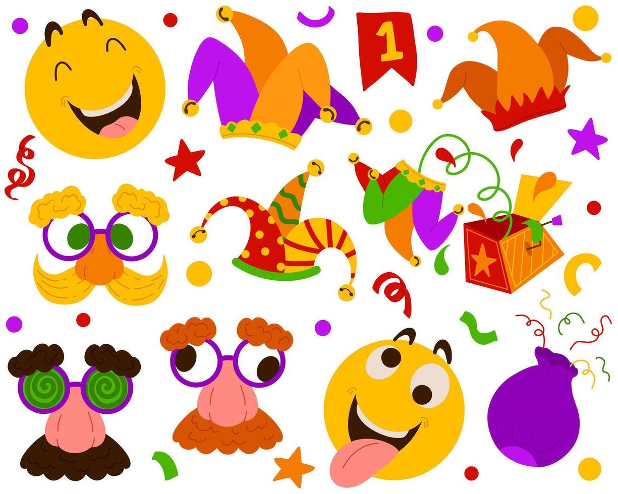 Set of illustrations for April Fool's Day pranks. Humorous bright design perfect for practical jokes. Jack in the box, jester's hat, emoji, fake nose for stickers, greeting cards, party, web vector