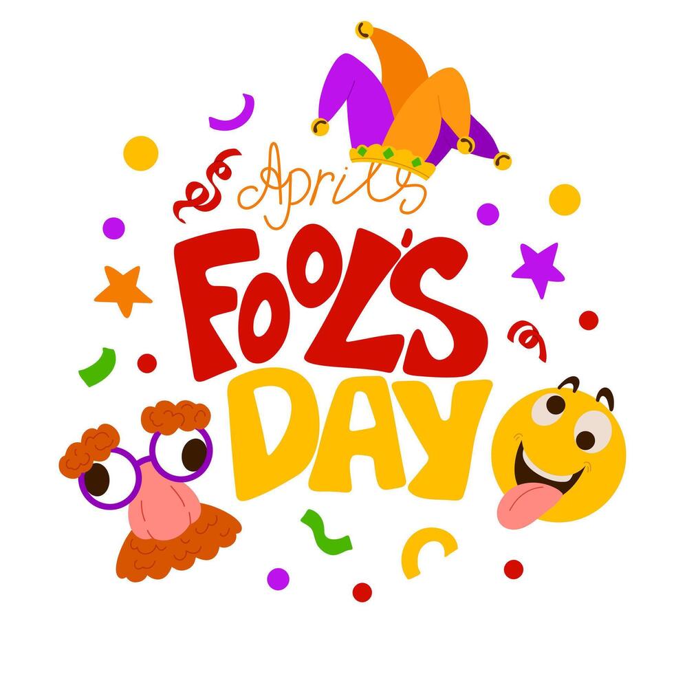 April Fool's Day doodle poster template. Illustration with hand writing lettering, laughting emoji, jester's hat. Party invitation. Flyer, poster, brochure, card vector