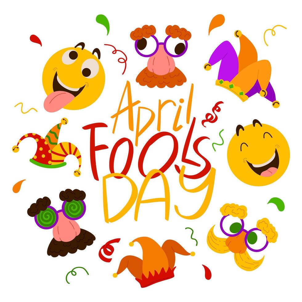 April Fool's Day poster template. Illustration with hand writing lettering, disguise glasses, jester's hat, emoji. Party invitation. Flyer, poster, brochure, card, banner vector