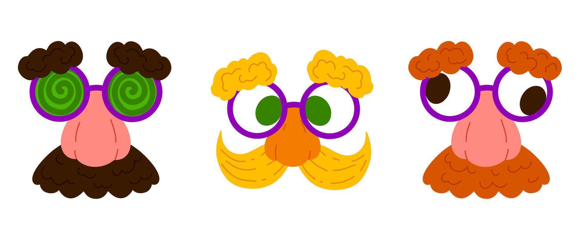 Eyeglasses with fake nose and mustache for April jokes. Illustration set isolated on white. Ideal for stickers, greeting cards, party decorations vector