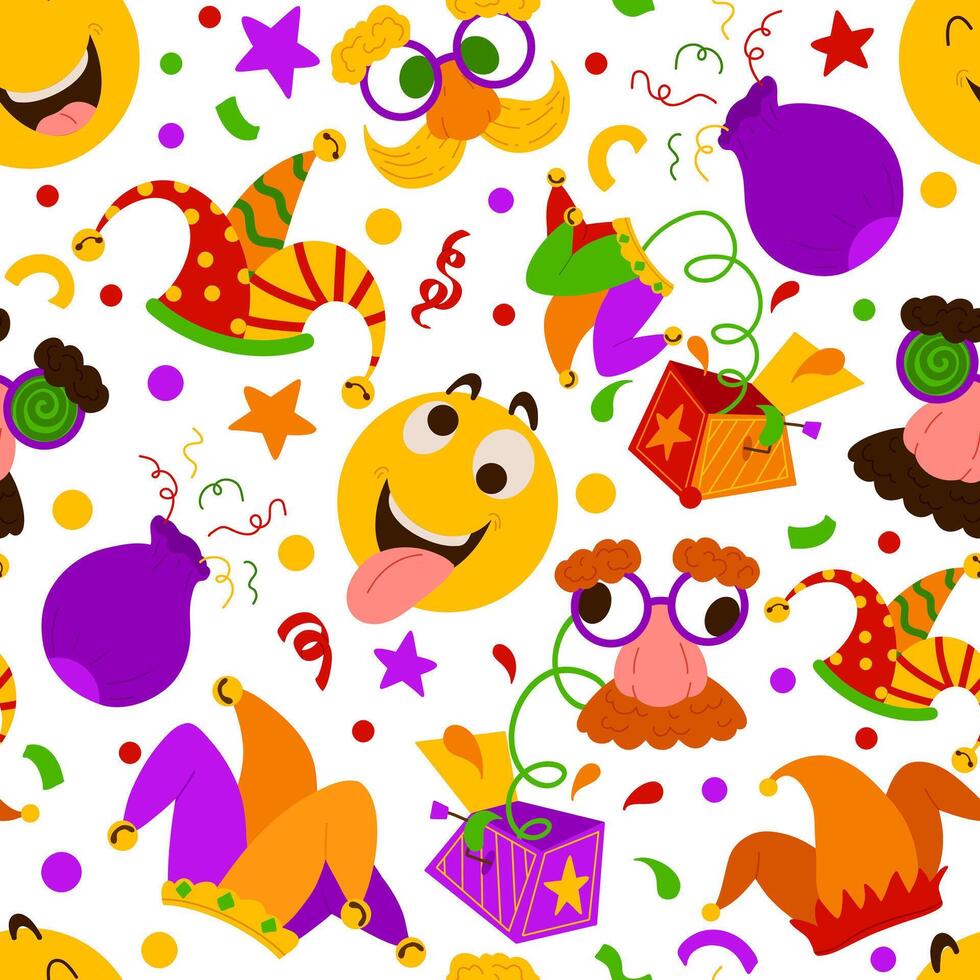 April Fool's Day symbols seamless pattern. Bright background with mask, emoji, jester's hat, jack in de box. Backdrop for Joke Day isolated on white for wrapping, textile, print, web vector