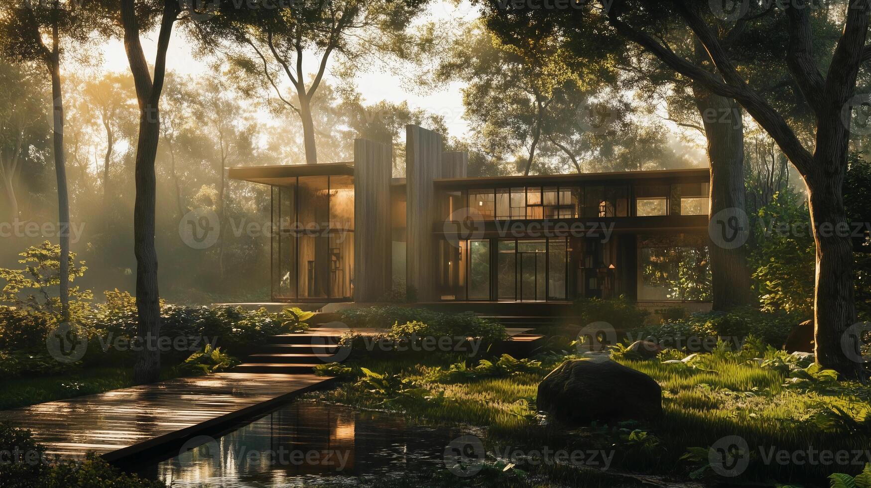 A house with a large yard and a pond in front of it. The house is surrounded by trees and has a lot of natural light coming in through the windows photo