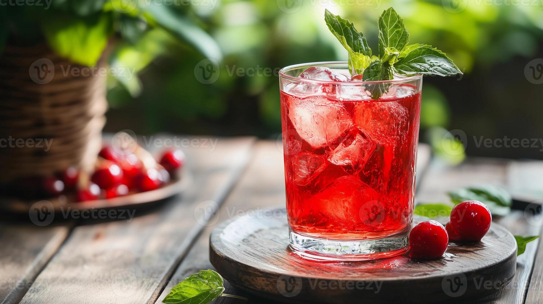 A glass of red drink with a sprig of mint on top. The drink is served on a wooden table with a basket of cherries nearby. Concept of relaxation and enjoyment photo