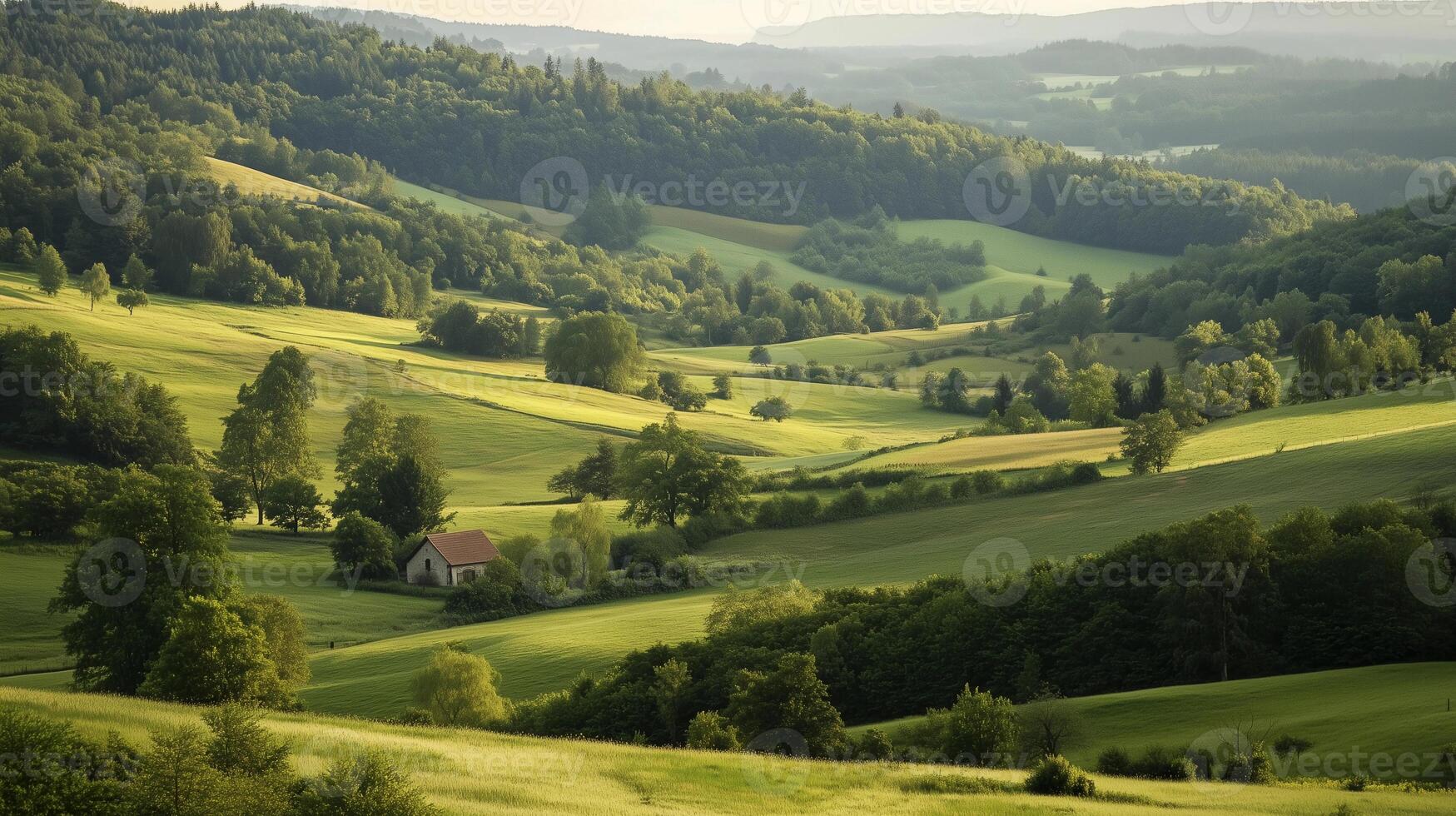 A beautiful countryside with a small house in the middle of the field. The house is surrounded by trees and the landscape is lush and green. Concept of peace and tranquility photo