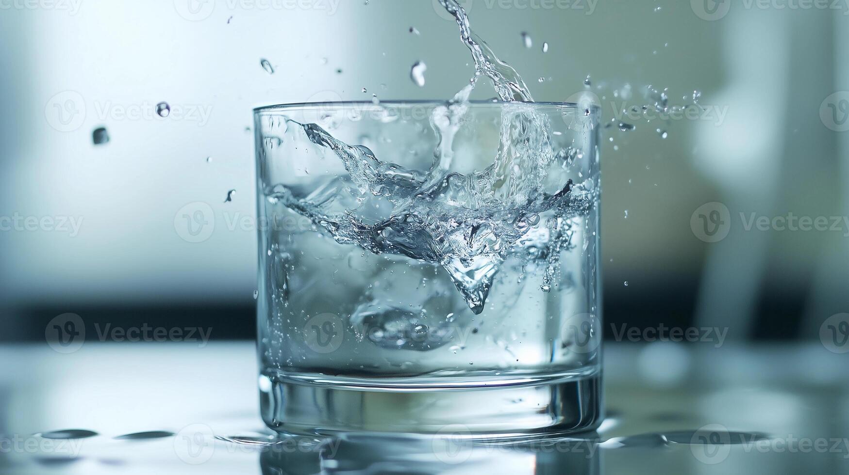 A glass of water with ice cubes in it is splashing water out of the glass. The water is clear and cold, and the ice cubes are melting, creating a refreshing drink photo