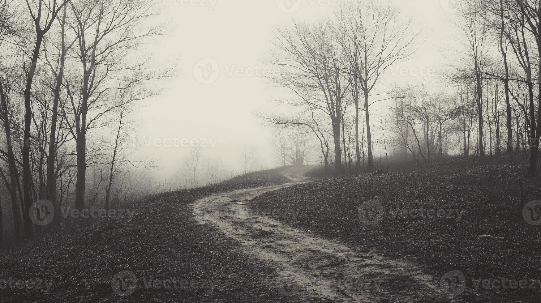 A path through a forest with trees on either side. The path is muddy and wet, and the sky is cloudy. Scene is somber and melancholic photo