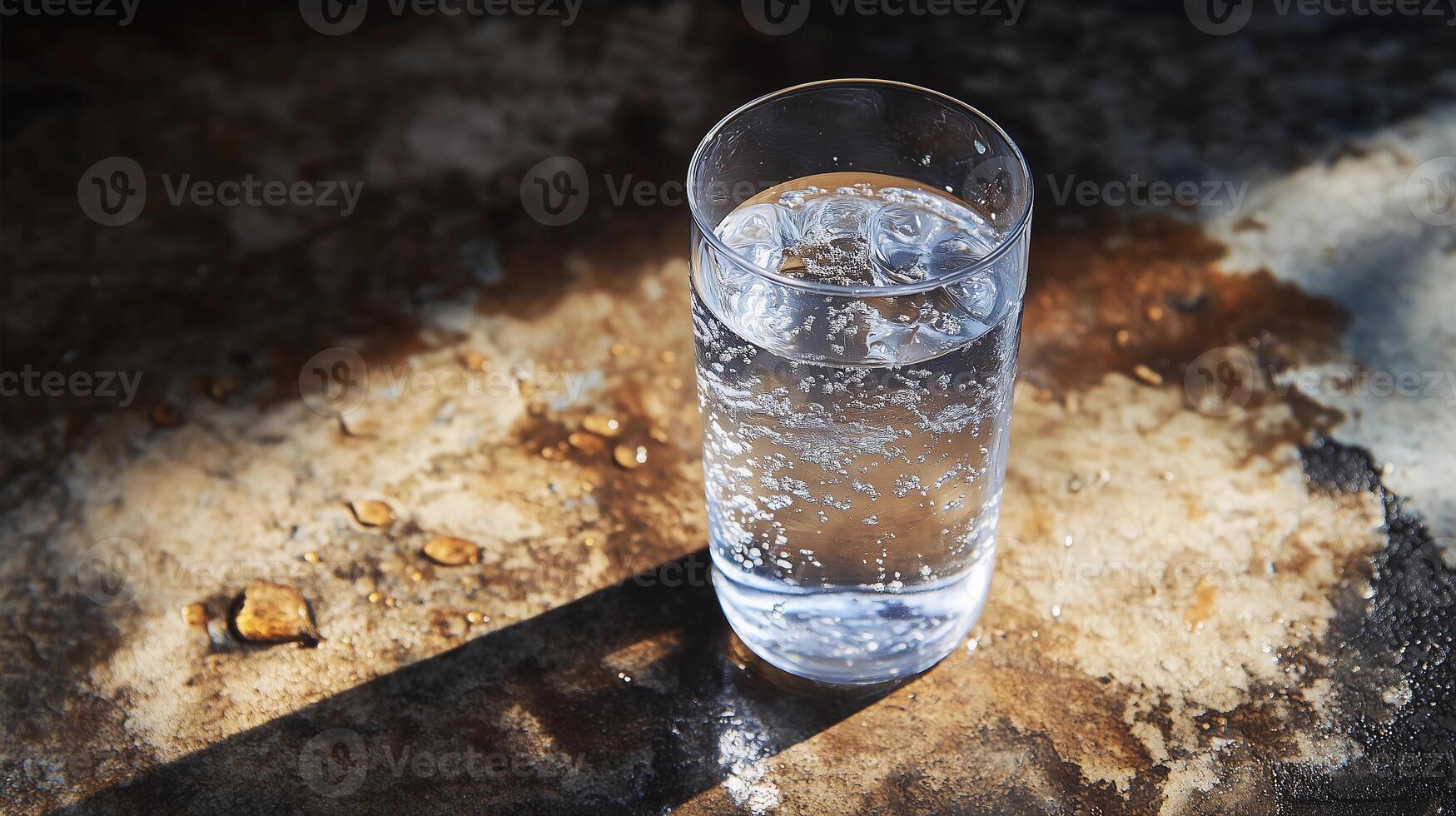 A glass of water is sitting on a dirty surface. The water is clear and the glass is half full photo