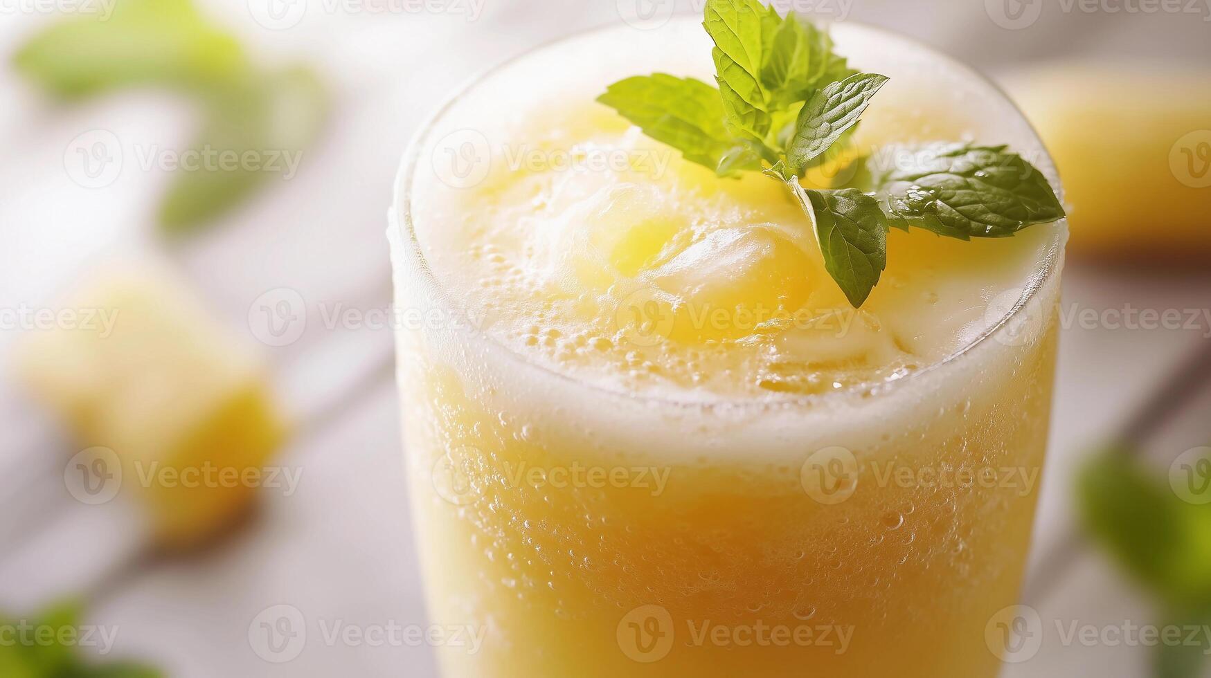 A glass of a yellow drink with a green leaf on top. The drink is cold and refreshing photo