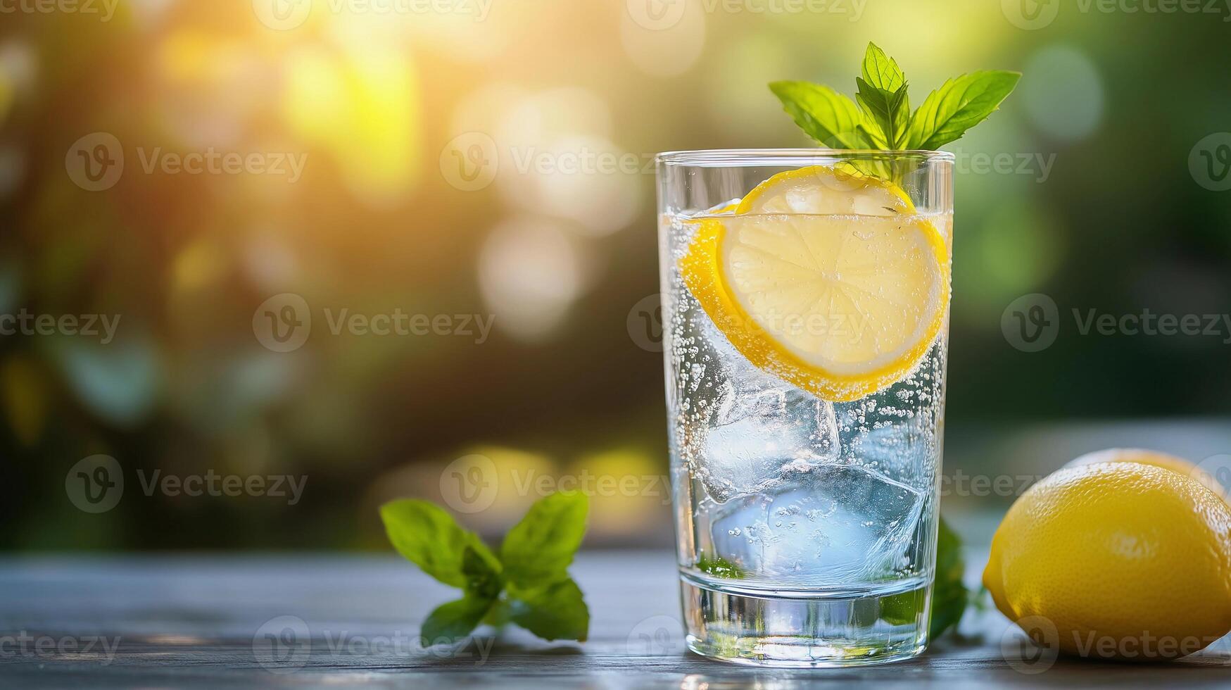 A glass of water with a lemon slice in it. The glass is on a wooden table photo