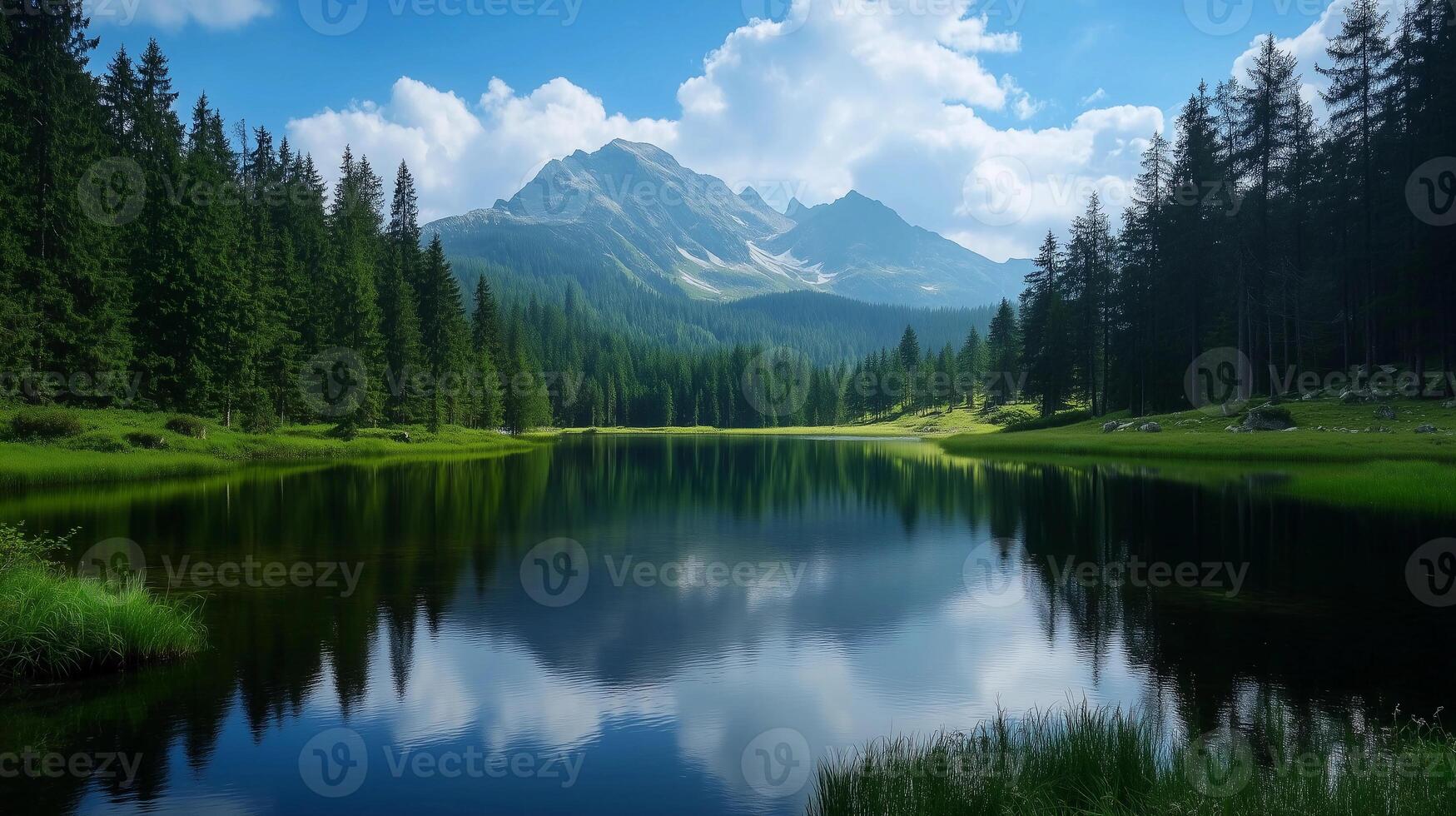 A beautiful mountain range with a lake in the foreground. The lake is calm and peaceful, reflecting the surrounding trees and mountains. Concept of tranquility and serenity photo