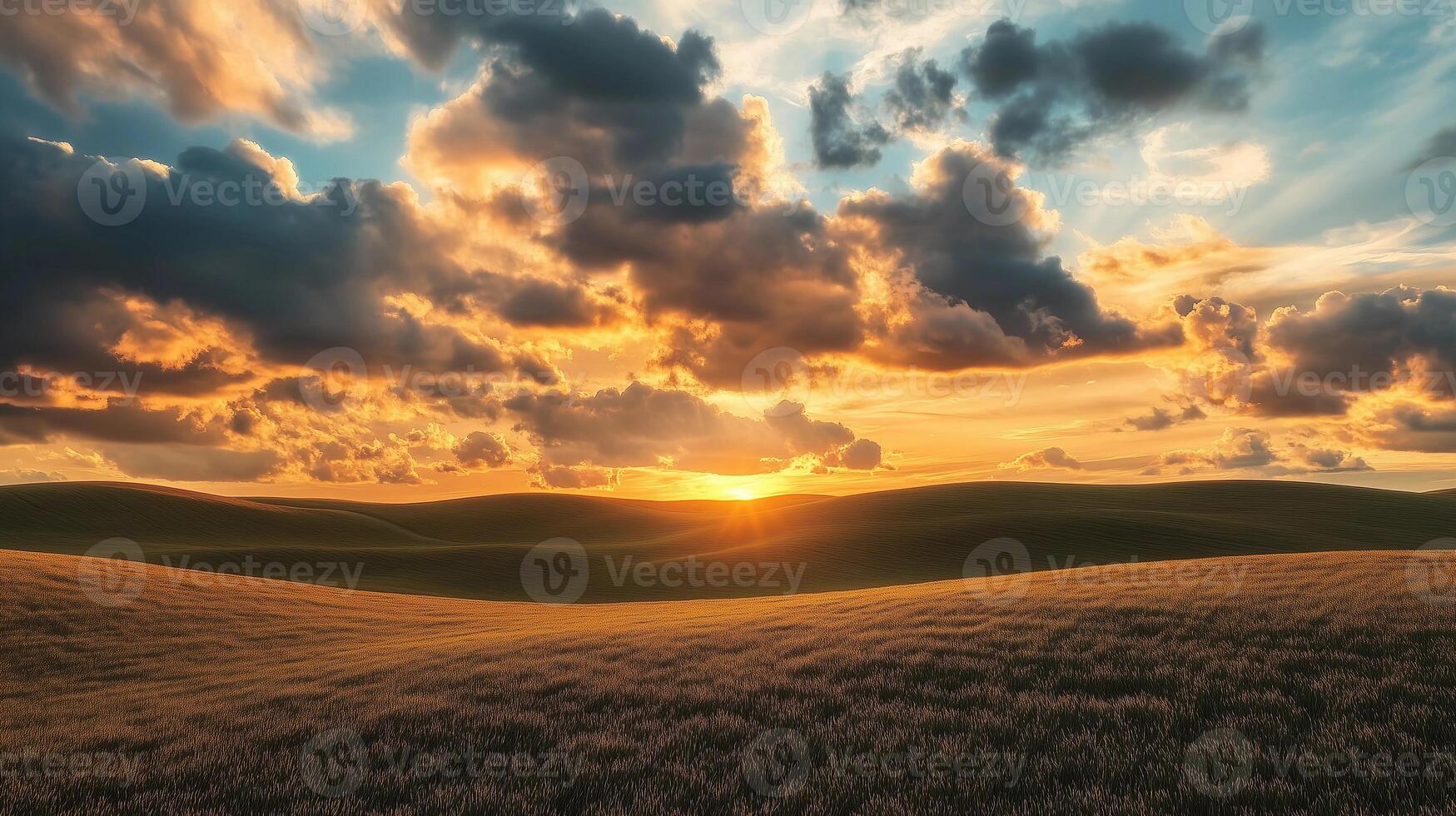 A field of grass with a beautiful sunset in the background. The sky is filled with clouds, and the sun is setting, casting a warm glow over the landscape. The scene is serene photo