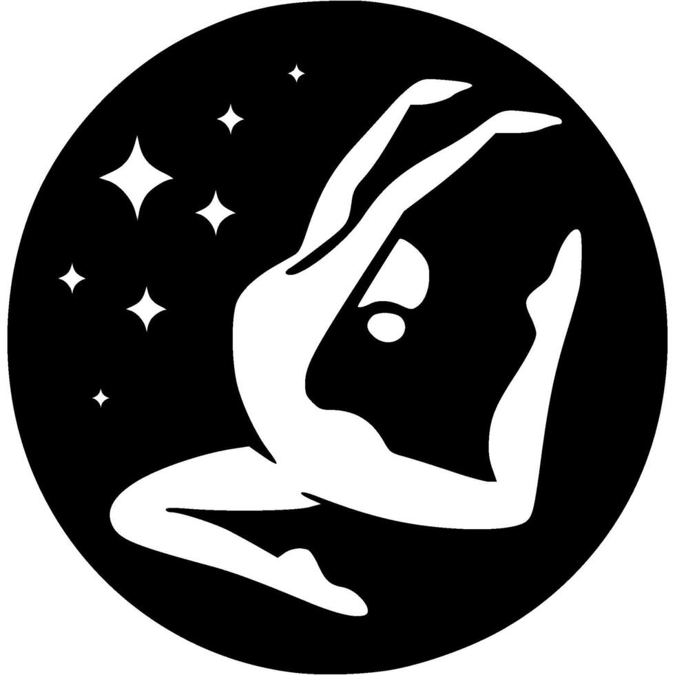 Sport emblem of girl gymnast leaps in a graceful jump against backdrop of dark sky and stars in monochrome. Engraving minimalistic image in black ink drawing on white background vector