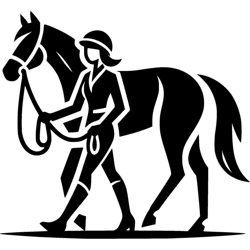 Tattoo emblem of female jockey leads horse by bridle after riding training at hippodrome in monochrome. Engraving minimalistic image in black ink drawing on white background vector