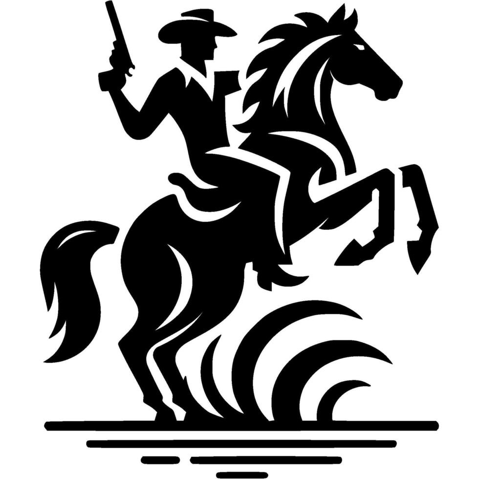 Tattoo emblem of armed bandit in cowboy hat riding a horse in monochrome. Engraving minimalistic image in black ink drawing on white background vector