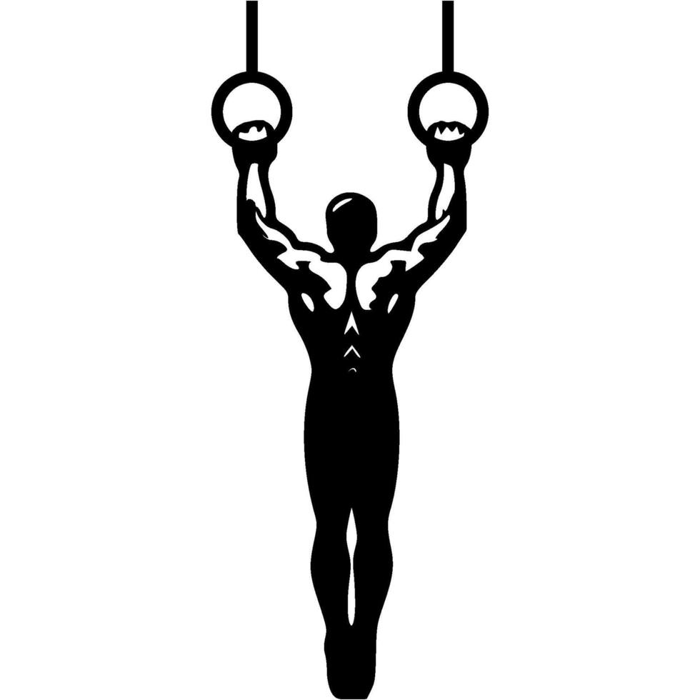 Sport emblem of gymnast man hanging on gymnastic rings and ready to begin demonstration exercises in monochrome. Engraving minimalistic image in black ink drawing on white background vector