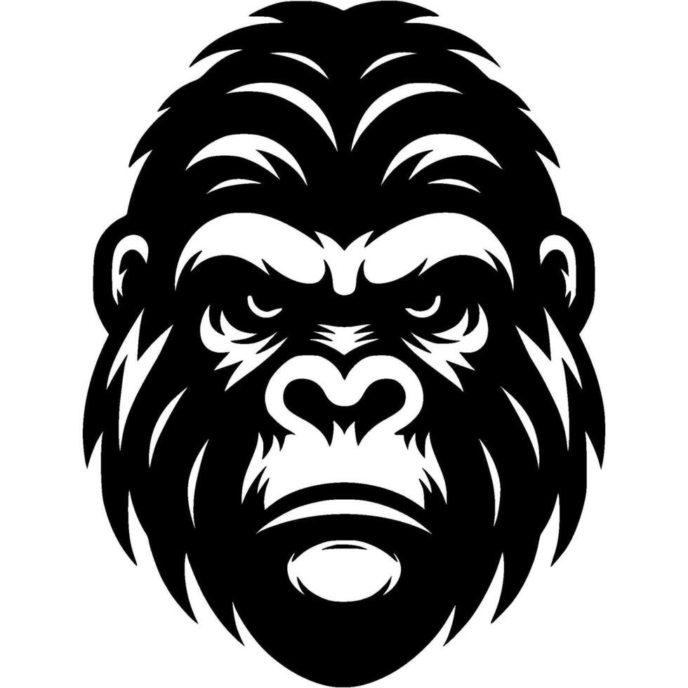 Tattoo of angry gorilla face front view head in monochrome. Wild gorilla muzzle. Engraving minimalistic image in black ink drawing on white background vector