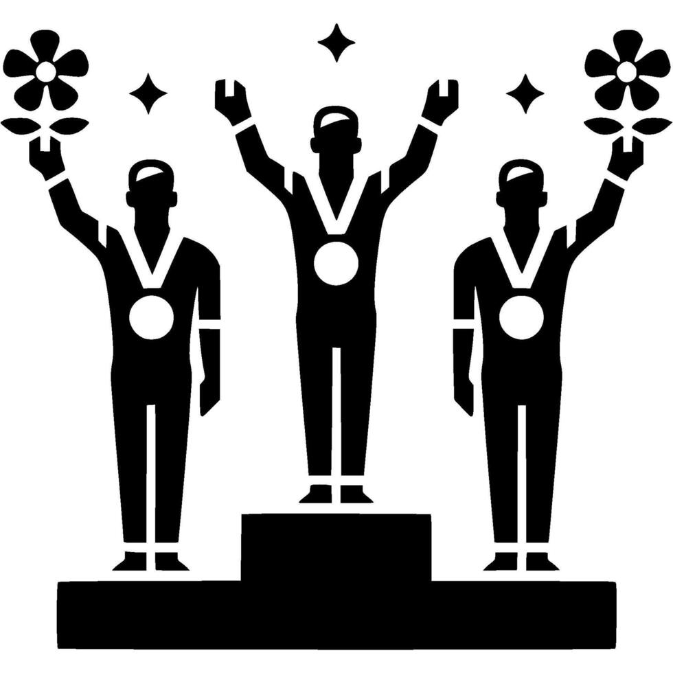 Sport emblem of team of gymnasts on winning podium awarded with set of medals in monochrome. Engraving minimalistic image in black ink drawing on white background vector