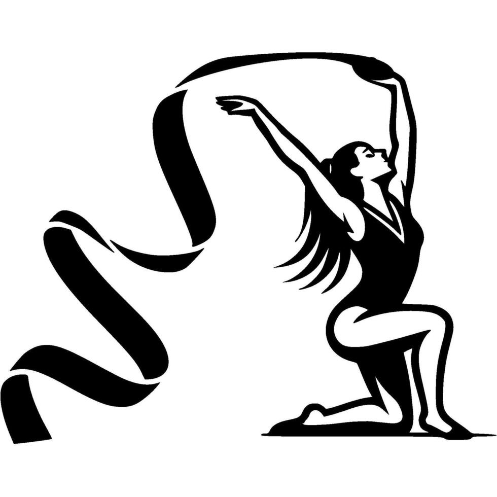 Sport emblem of girl gymnast with long, waving silk ribbon, performs compulsory competition program in monochrome. Engraving minimalistic image in black ink drawing on white background vector