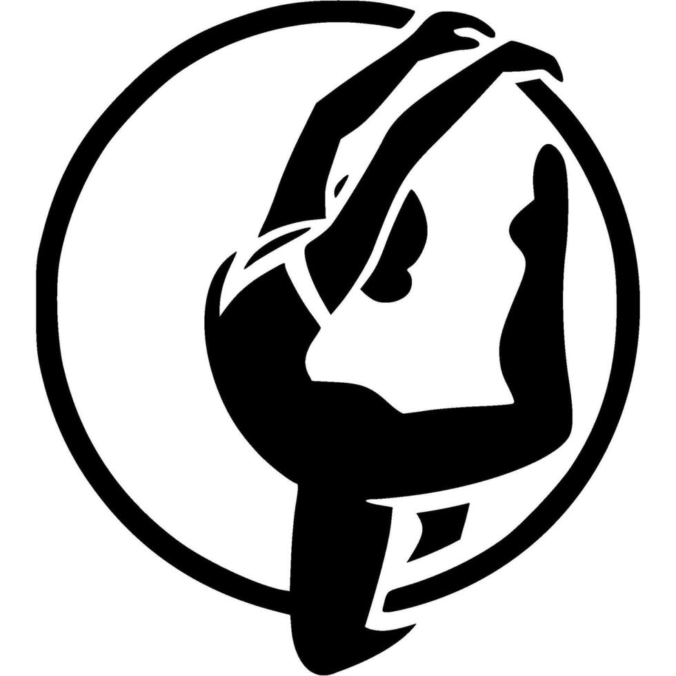 Sport emblem of girl gymnast with hoop in monochrome. Engraving minimalistic image in black ink drawing on white background vector