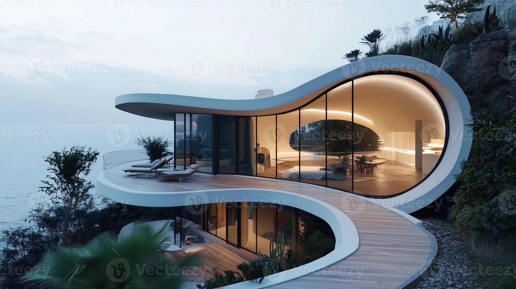 A large, curved home with a walkway leading to it. The house is situated on a hill overlooking the ocean photo