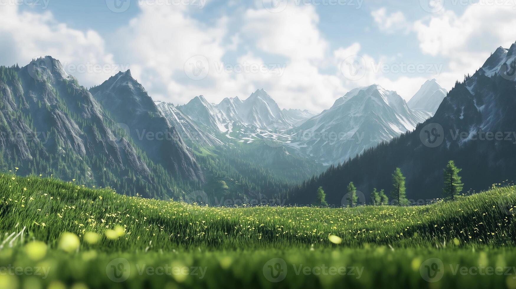 A mountain range with snow on the peaks and a green field in the foreground. The sky is clear and the sun is shining brightly photo