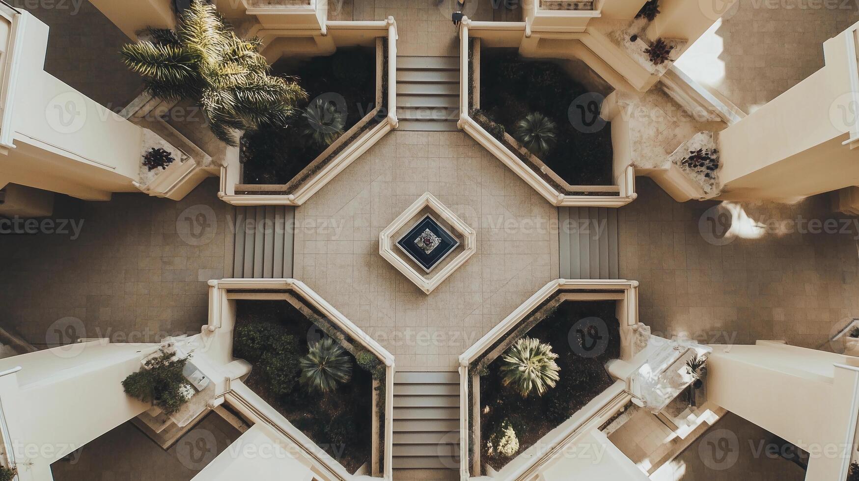 A courtyard with a fountain in the center and four small gardens surrounding it. The courtyard is a peaceful and serene space, perfect for relaxation and contemplation photo