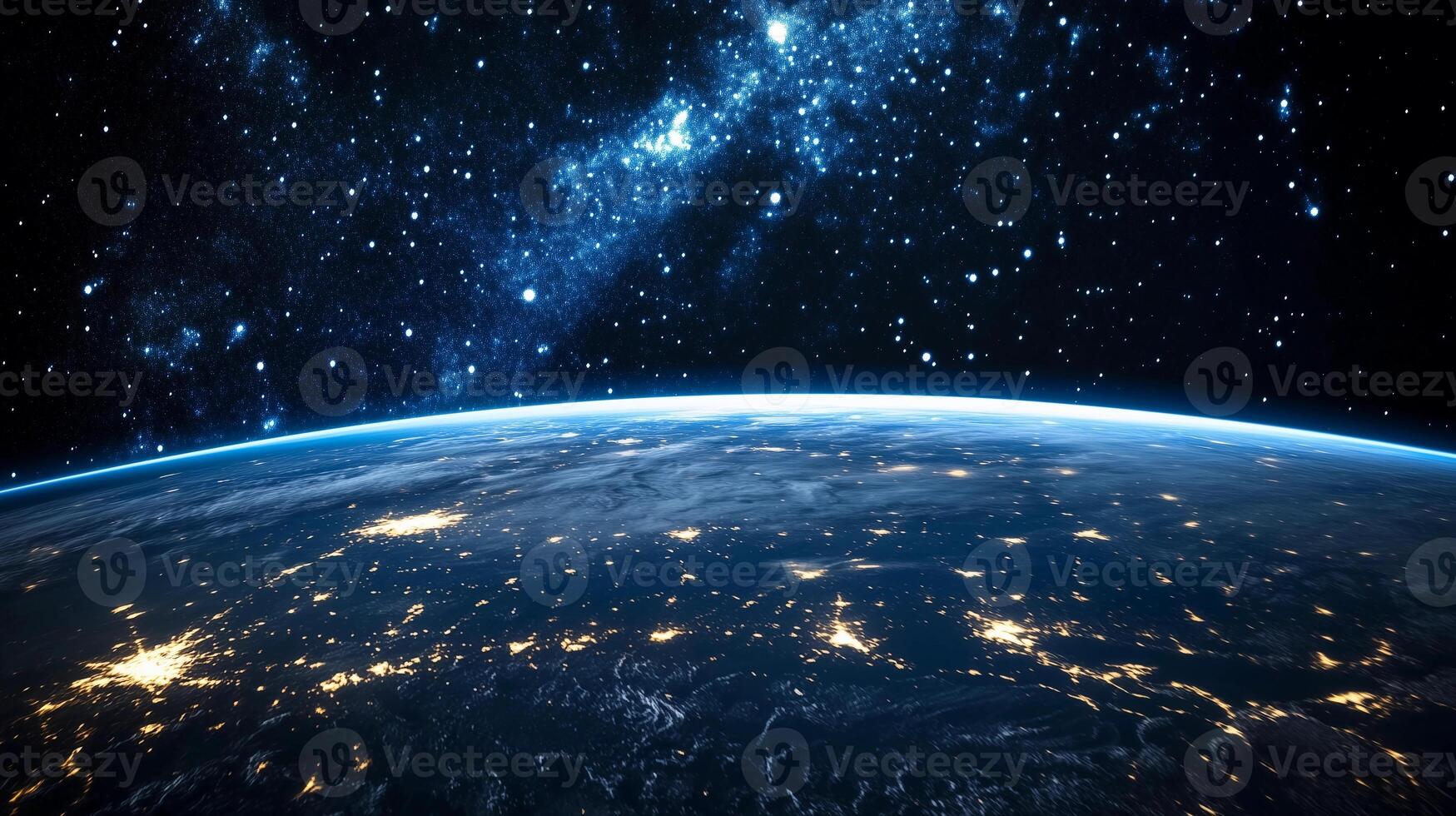 The night sky is filled with stars and the moon. The stars are scattered all over the sky, and the moon is shining brightly photo