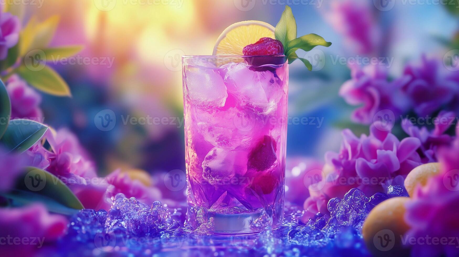 A glass of purple drink with a slice of lime and a strawberry on top. The drink is served in a tall glass with ice. The image has a dreamy, whimsical feel to it photo