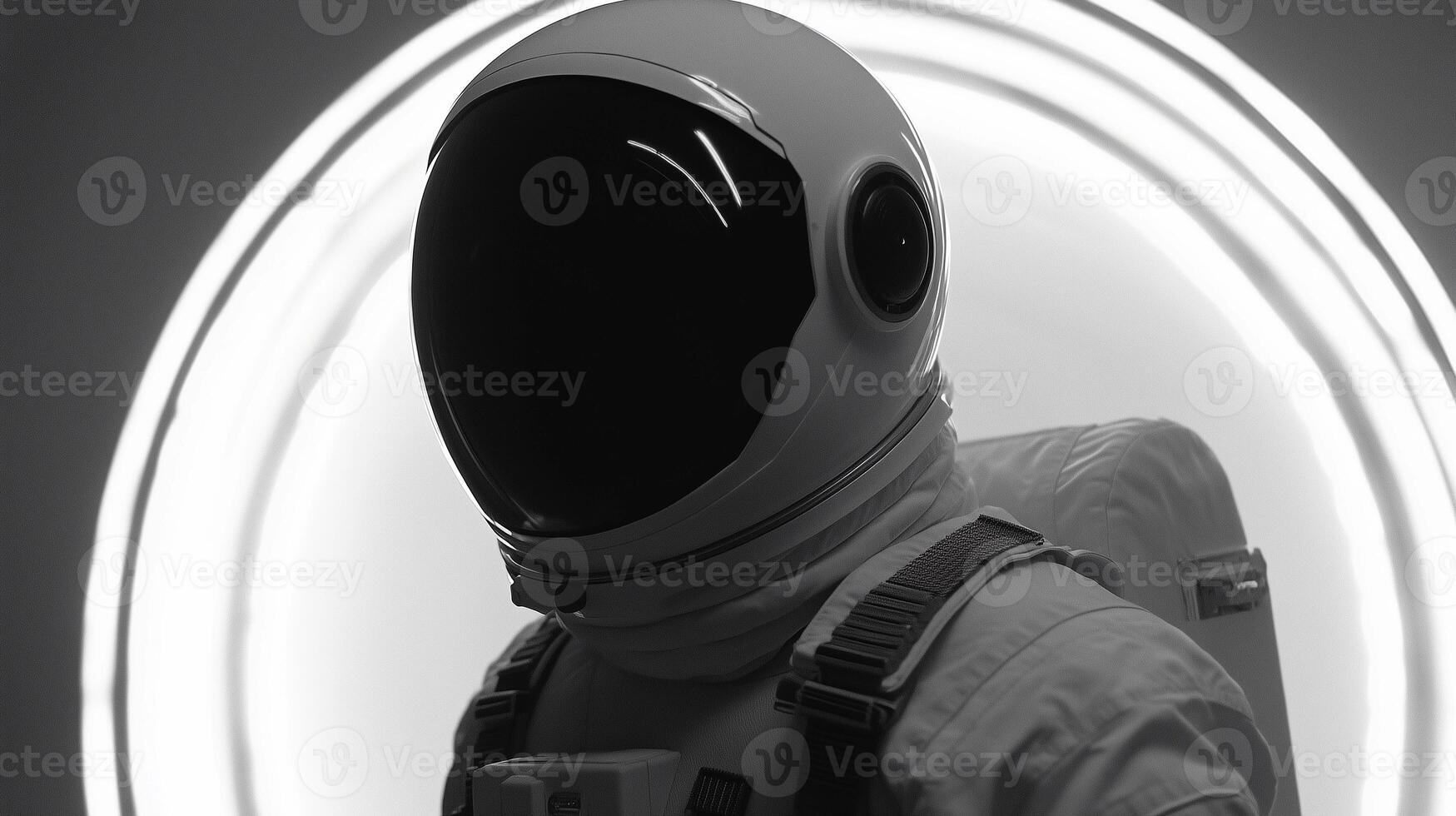A man in a white space suit is standing in front of a circle. The image has a futuristic and space-like feel to it photo