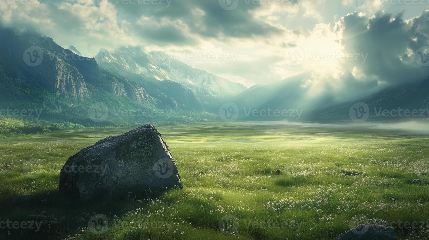 A large rock sits in a grassy field with mountains in the background. The sun is shining brightly, casting a warm glow over the landscape. The scene is peaceful and serene photo
