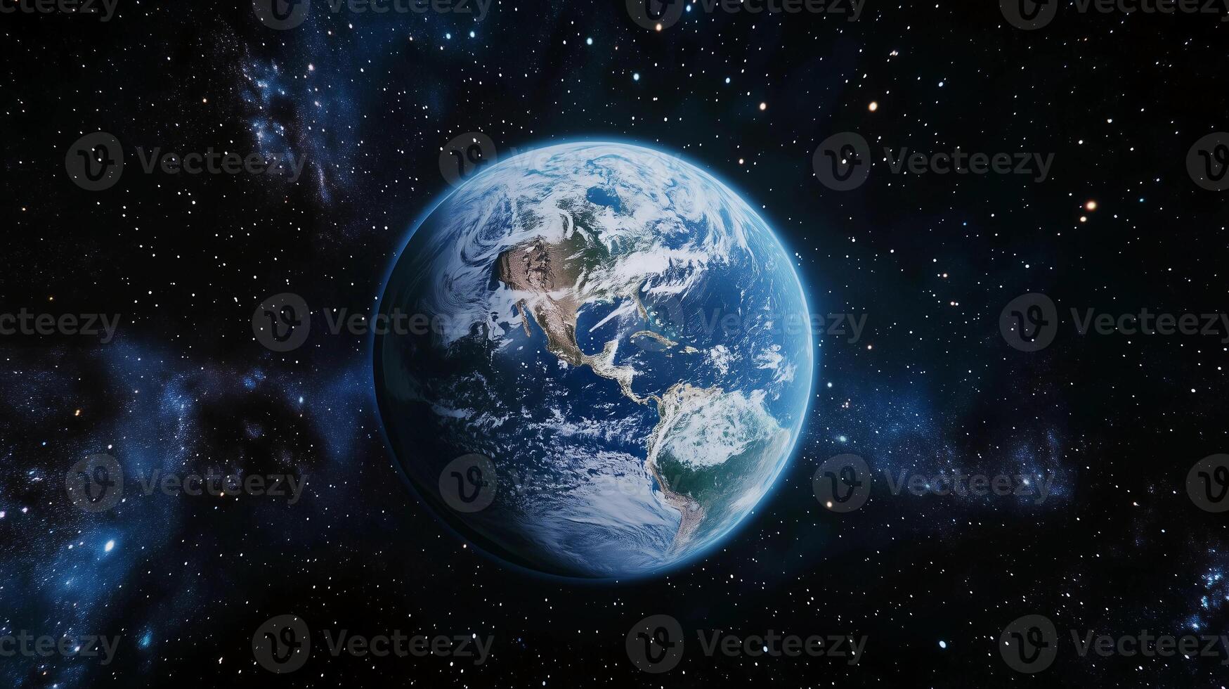 A blue and white planet in the middle of the night sky. The planet is surrounded by a vast number of stars photo