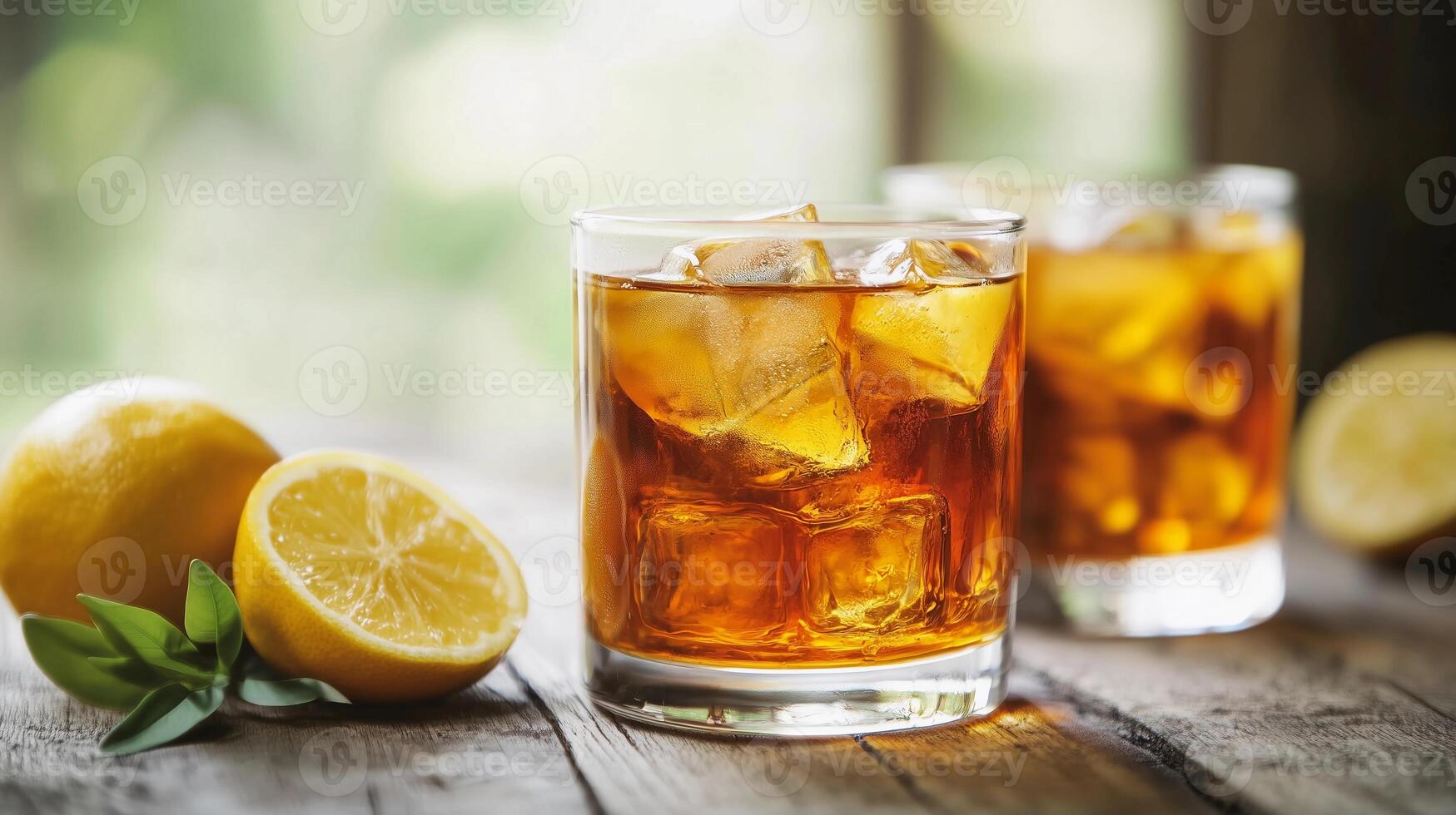 Two glasses of a drink with ice cubes and a lemon slice on the side. The drink is a mix of tea and lemonade photo