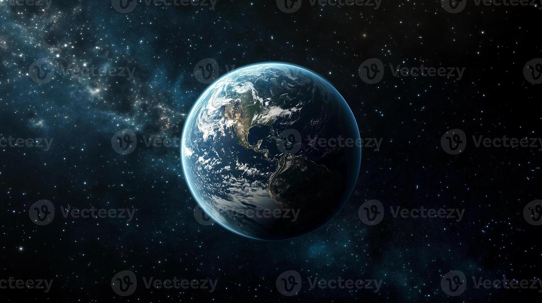 A large planet in the middle of the night sky. The planet is surrounded by a lot of stars and the sky is dark photo