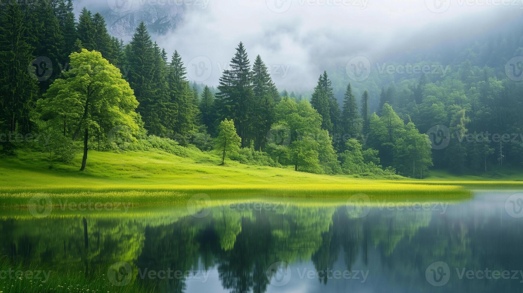 A beautiful green forest with a lake in the background. The lake is calm and peaceful, reflecting the trees and sky. The scene is serene and tranquil photo