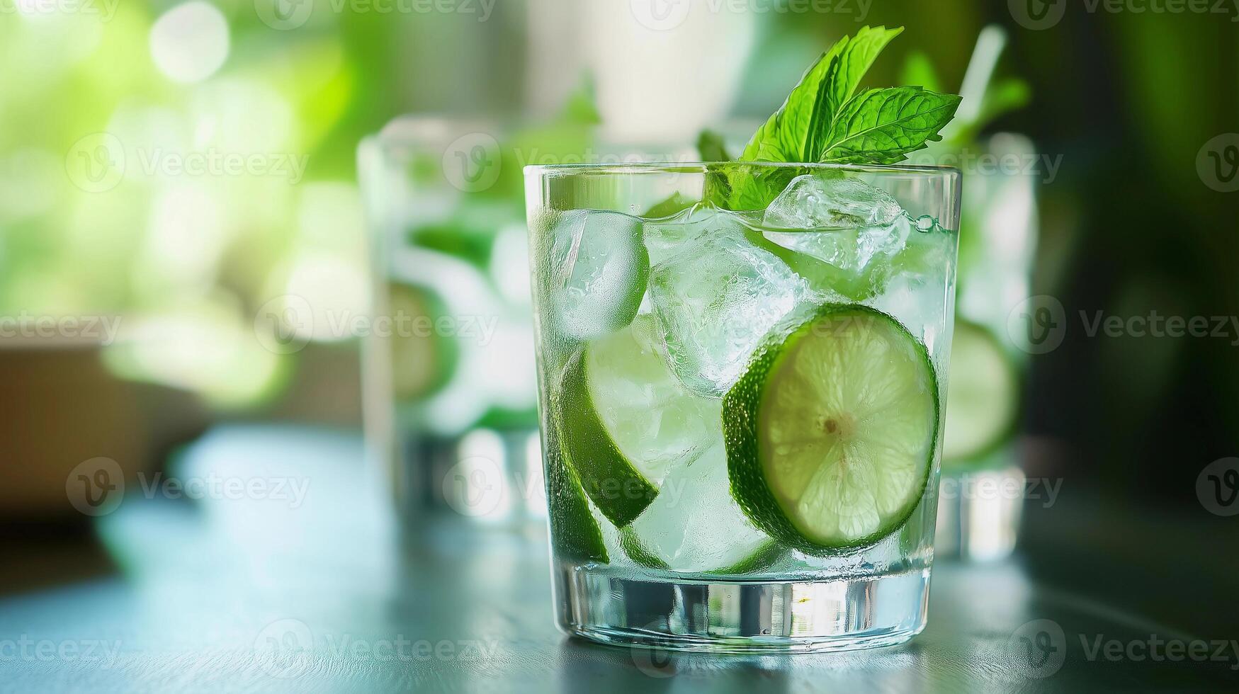 A glass of limeade with a lime wedge in it. The glass is on a table. The limeade is cold and refreshing photo