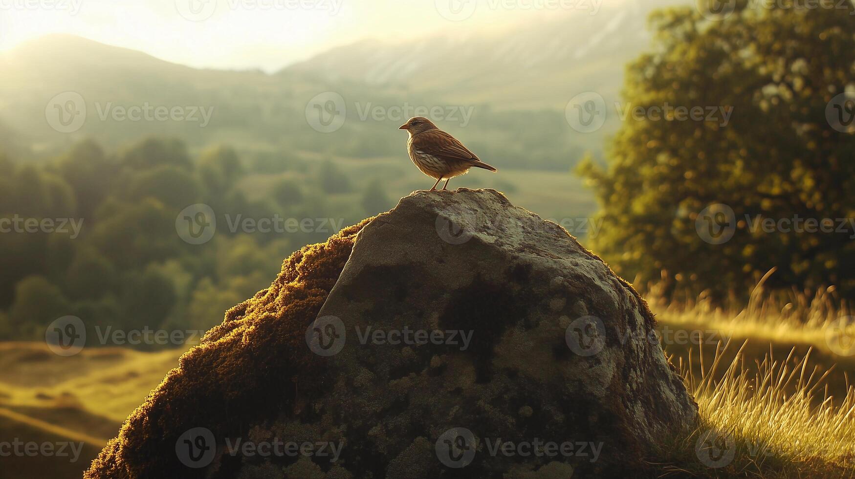 A small bird is perched on a large rock in a grassy field. The bird is surrounded by trees and the sky is visible in the background. The scene is peaceful and serene photo