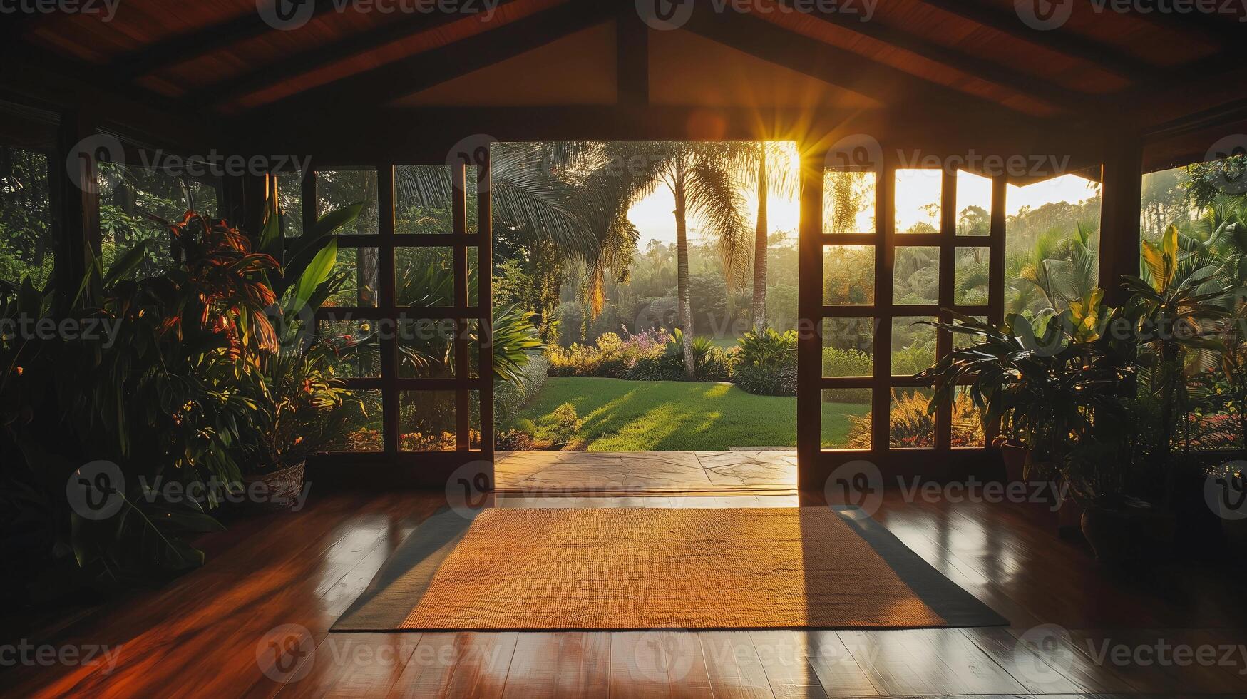 A large open space with a wooden floor and a rug. The room is filled with plants and has a lot of natural light coming in through the windows photo