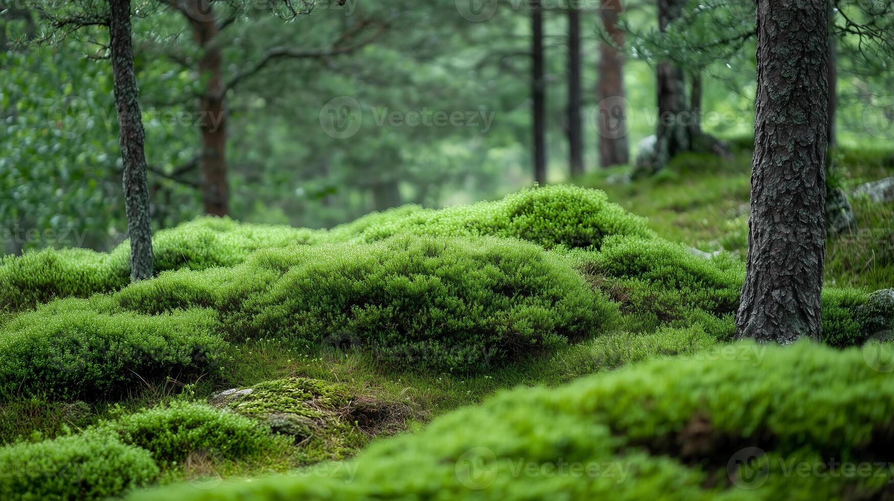 A lush green forest with a tree in the foreground. The forest is full of moss and the trees are tall and green photo