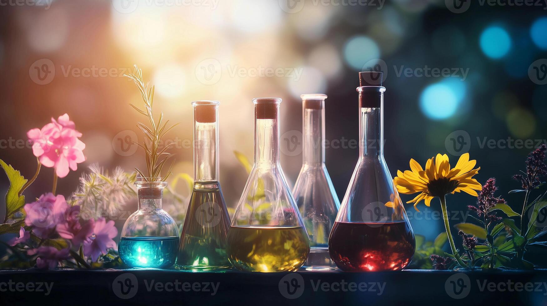 A collection of glass vials with different colored liquids and flowers. The vials are arranged in a row, with some of them containing clear liquids photo