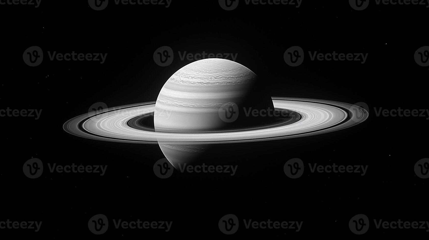 A black and white photo of a planet with a white spot on it. The planet is the size of a small ball and is surrounded by a ring. The photo has a moody
