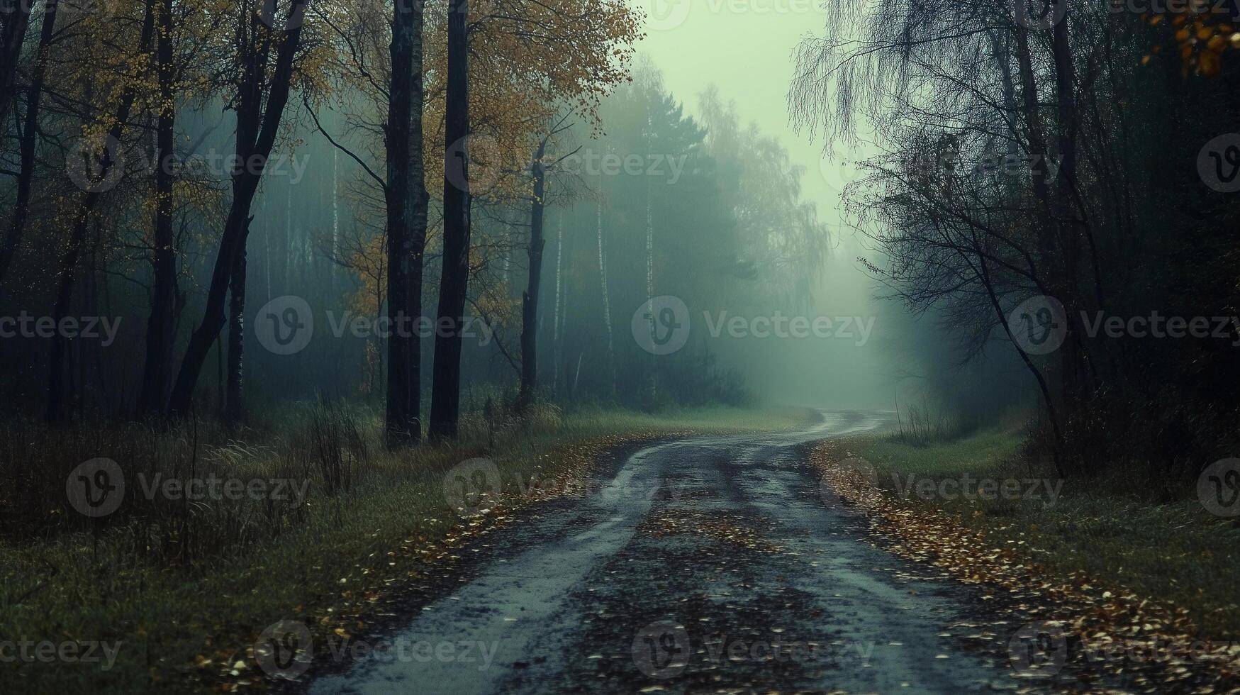 A forest road with trees and leaves on the ground. The road is wet and muddy photo