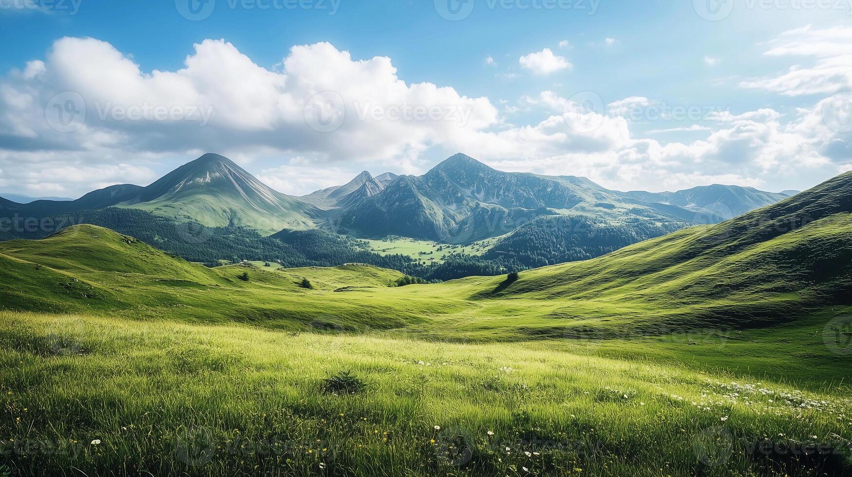 A beautiful mountain landscape with a large green field in the foreground. The sky is clear and blue, and the sun is shining brightly photo