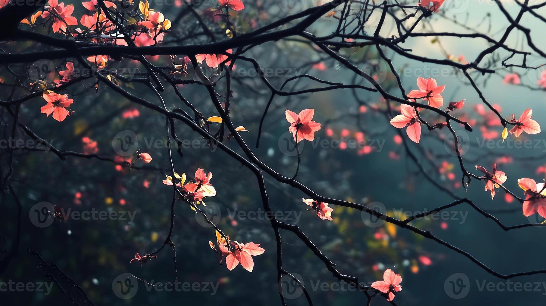 A tree with pink flowers is shown in the image. The flowers are in full bloom, and the tree branches are covered in them photo