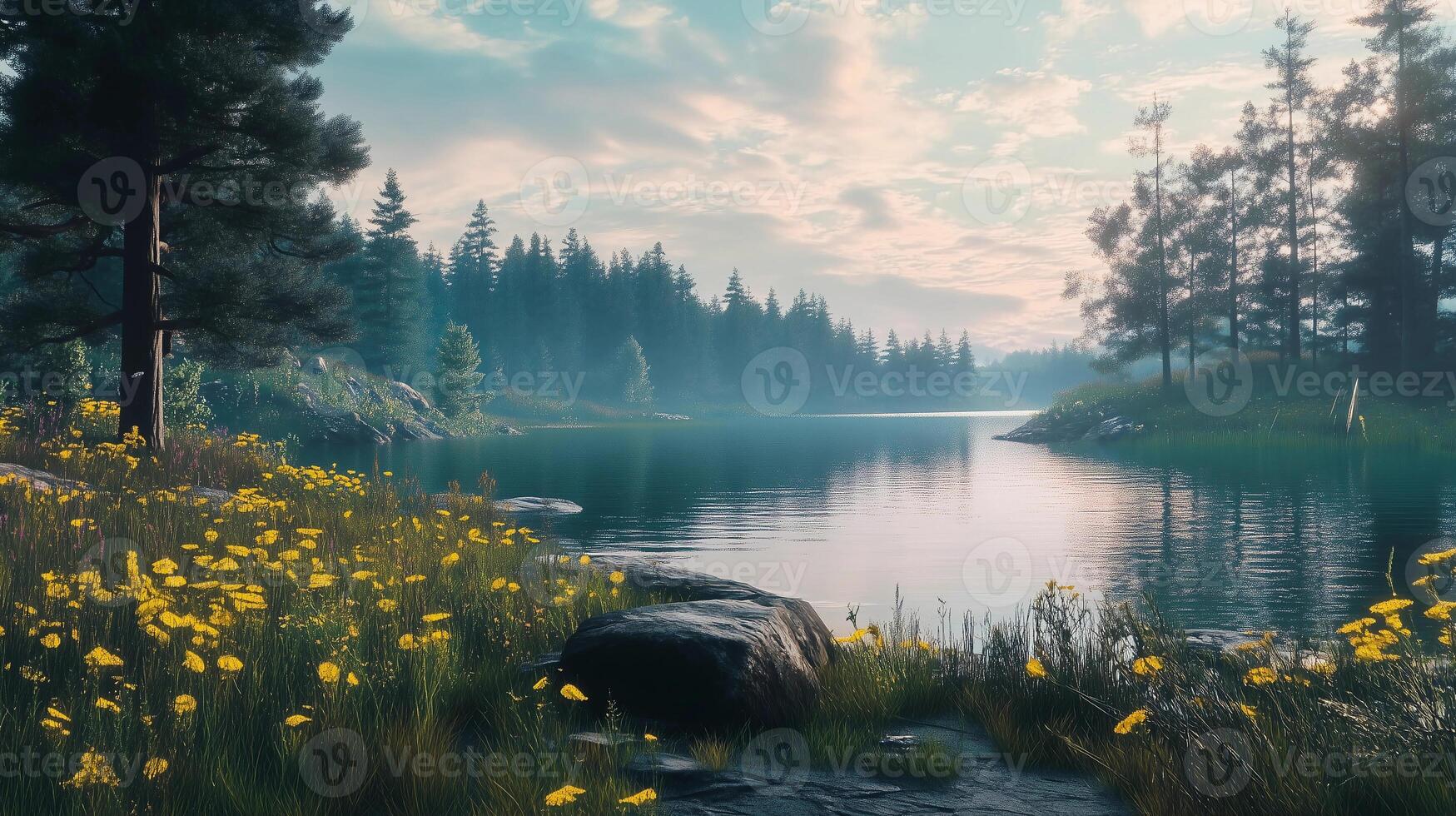 A beautiful, serene scene of a river surrounded by trees and a large rock. The water is calm and the sky is cloudy. Scene is peaceful and relaxing photo