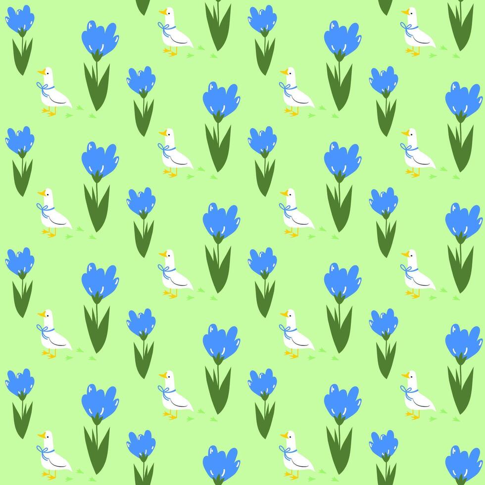 Seamless bright spring floral pattern with white goose or duck bird. Background with crocus flowers, leaves. vector